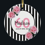 Décoration En Céramique 60th birthday black stripes pink rose<br><div class="desc">Classic mince bandes verticales noir et blanc comme arrière - plan. Avec des roses roses roses romantiques, féminines et roses. Un cadre blanc et noir sur le devant avec modèle pour l'âge, le nom et la date. Numéro d'âge 60 en rose, nom et date en noir. Le nom est écrit...</div>