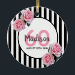 Décoration En Céramique 60th birthday black stripes pink rose<br><div class="desc">Classic mince bandes verticales noir et blanc comme arrière - plan. Avec des roses roses roses romantiques, féminines et roses. Un cadre blanc et noir sur le devant avec modèle pour l'âge, le nom et la date. Numéro d'âge 60 en rose, nom et date en noir. Le nom est écrit...</div>