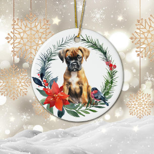 Décoration En Céramique Adorable Boxer Puppy Aquarelle Poinsettia