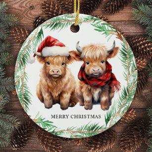 Décoration En Céramique Adorable Highland Cow Calf Farm Joyeux Noël