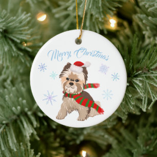 Décoration En Céramique Adorable Yorkie De Noël À Santa Hat Snowflakes