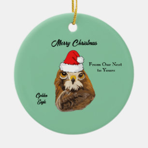 Décoration En Céramique Aigle d'or portant un chapeau de Père Noël