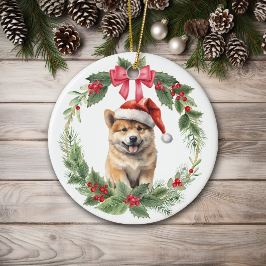Décoration En Céramique Akita Chien Chien Rouge Bow Holly Wreath