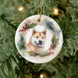 Décoration En Céramique Akita Christmas Wreath Festive Pup