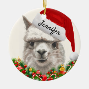 Décoration En Céramique Alpaca sourit AJOUTER NOM ET ANNÉE Arbre de Noël