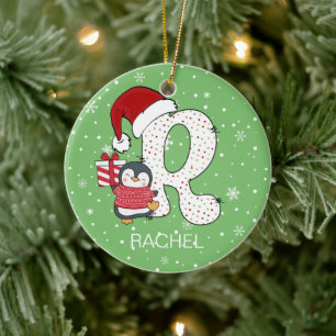Décoration En Céramique Alphabet de Noël R Chapeau de Père Noël Manchot Fl
