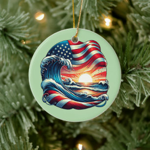 Décoration En Céramique American USA Flag Beach Wave Sunset Patriotic Art