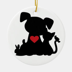 Décoration En Céramique Amour Chiot et Kitten Silhouette Ornament rond