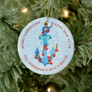 Décoration En Céramique Ancre de Noël à l'aquarelle avec ruban lumineux na