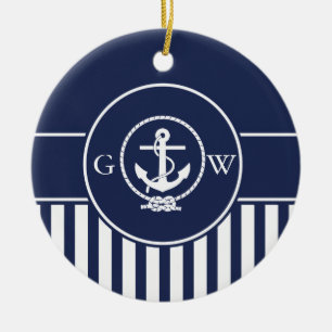 Décoration En Céramique Ancre nautique rayée et ligne de monogramme fait