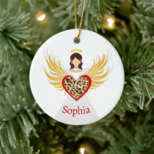 Décoration En Céramique Ange de Noël Coeur rouge Léopard Ailes Nom Cadeau