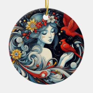 Décoration En Céramique Ange de Noël et cardinaux