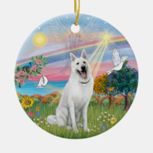 Décoration En Céramique Ange des nuages - Berger allemand blanc