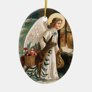 Décoration En Céramique Ange regardant dans la fenêtre avec Noël de cerfs