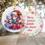 Décoration En Céramique Anime Girl in Santa Hat Aquarelle Noël<br><div class="desc">Watercolor anime fille en chapeau de Santa avec chiot chien personnalisé ornement de Noël. Sur le dos de l'ornement vous pouvez modifier le texte dans la zone personnalisée,  avec de jolis flocons rouges,  or et vert.</div>