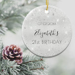 Décoration En Céramique Anniversaire argent nom parties scintillant élégan<br><div class="desc">Un ornement pour un 21e anniversaire féminin et glamour (ou tout âge). Un arrière - plan métallique à l'aspect faux argenté avec de la poussière de parties scintillant. Personnalisez et ajoutez une date, un nom et un âge de 21 ans. Le nom est écrit avec un script de style moderne...</div>