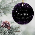 Décoration En Céramique Anniversaire noir violet nom de parties scintillan<br><div class="desc">Un ornement pour un 21e anniversaire féminin et glamour (ou tout âge). Un arrière - plan noir chic avec de la poussière de parties scintillant en faux violet. Personnalisez et ajoutez une date, un nom et un âge de 21 ans. Le nom est écrit avec un script de style moderne...</div>