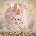 Décoration En Céramique Anniversaire rose or blush parties scintillant nom<br><div class="desc">Un ornement pour un 21e anniversaire girly et glamour (ou tout âge). Un or rose,  un arrière - plan à gradient rose avec parties scintillant d'or faux rose,  des étincelles et des ballons. Personnalisez et ajoutez une date,  un nom et un âge.</div>
