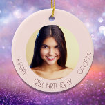 Décoration En Céramique Anniversaire rose or blush photo<br><div class="desc">Un ornement pour un 21e anniversaire féminin et glamour (ou tout âge). Un or rose,  arrière - plan rose. Personnalisez et ajoutez une photo,  un âge et une date. Texte de couleur or rose foncé. Parfait comme décoration de fête,  de faveur,  de garde ou comme cadeau.</div>