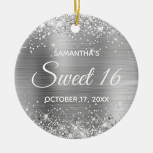 Décoration En Céramique Anniversaire Sweet 16 en feuille d'argent scintill