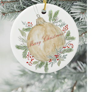 Décoration En Céramique Aquarelle À feuillage persistant Noël doré