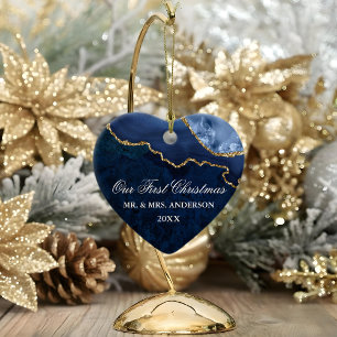 Décoration En Céramique Aquarelle Bleu Marbre Agate Géode Mariage Coeur