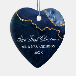 Décoration En Céramique Aquarelle Bleu Marbre Géode Mariage PHOTO Coeur