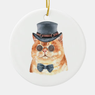 Décoration En Céramique Aquarelle Chat Orange Steampunk Noël