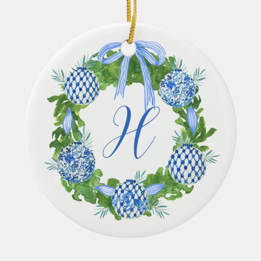 Décoration En Céramique Aquarelle Chinoiserie Wreath Noël Monogramme (Devant)