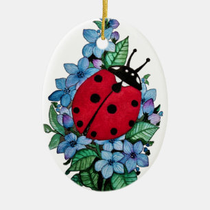 Décoration En Céramique Aquarelle Cute Ladybird Avec Fleurs Bleues Sauvage