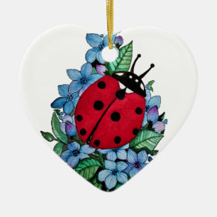 Décoration En Céramique Aquarelle Cute Ladybird Avec Fleurs Bleues Sauvage