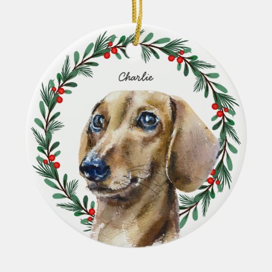 Décoration En Céramique Aquarelle Dachshund couronne de vacances personnal (Devant)