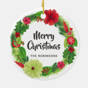 Décoration En Céramique Aquarelle d'art populaire Floral Christmas Family