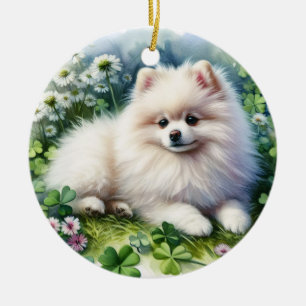 Décoration En Céramique Aquarelle de chien de Poméranie blanche Champ de f