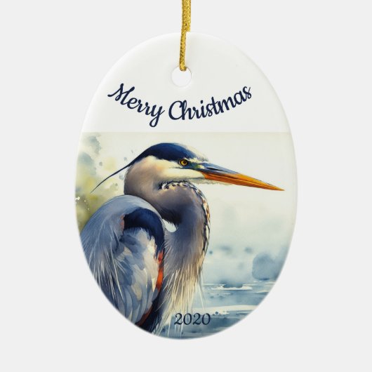 Décoration En Céramique Aquarelle de Noël sur mesure Great Blue Heron (Devant)