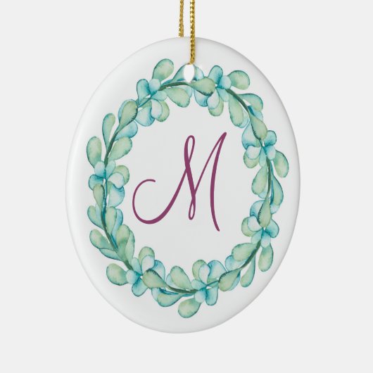 Décoration En Céramique Aquarelle Eucalyptus Wreath Monogramme Noël (Droite)