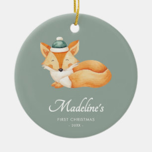 Décoration En Céramique Aquarelle Fox Baby First Christmas Green