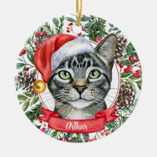 Décoration En Céramique Aquarelle Gris Tabby Chat Personnalisé Père Noël