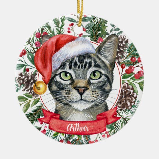 Décoration En Céramique Aquarelle Gris Tabby Chat Personnalisé Père Noël (Devant)