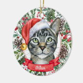 Décoration En Céramique Aquarelle Gris Tabby Chat Personnalisé Père Noël (Gauche)