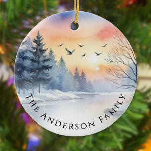 Décoration En Céramique Aquarelle Lever de soleil Hiver Oiseaux Lac Noël