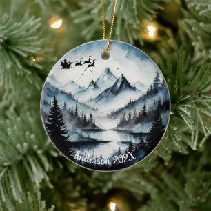 Décoration En Céramique Aquarelle personnalisée Père Noël sur les montagne