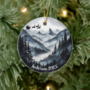 Décoration En Céramique Aquarelle personnalisée Père Noël sur les montagne
