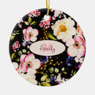 Décoration En Céramique Aquarelle rose Roses jaunes sur noir, Monogramme