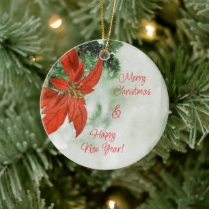 Décoration En Céramique Aquarelle Rouge Poinsettia Joyeux Noël