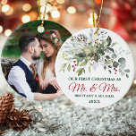 Décoration En Céramique Aquarelle verte Berries Noël PHOTO DE RETOUR<br><div class="desc">Aquarelle moderne Elégante Verdure Couple Notre premier Noël en tant que Monsieur et Madame Ornament comprend une belle aquarelle de verdure botanique,  des feuilles d'eucalyptus,  des baies sèches et d'autres beaux feuillages. Script rouge et vert. Photo De Retour.</div>