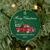 Aquarelle Vintage Camion rouge Vert Noël