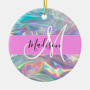 Décoration En Céramique Arc-en-ciel Girly Holographique Iridescent Monogra