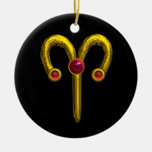Décoration En Céramique ARIES ZODIAC ANNIVERSAIRE JEWEL Rouge Ruby Or