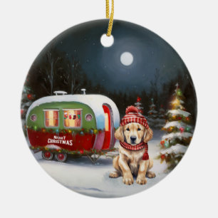 Décoration En Céramique Aventure de Noël en caravane avec Golden Retriever